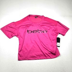 BEBE Sport Logo Cropped Shirt Large Pink Polyester Spandex New